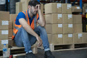 man in reflective vest sits on pallet with boxes with his head leaning on his hand