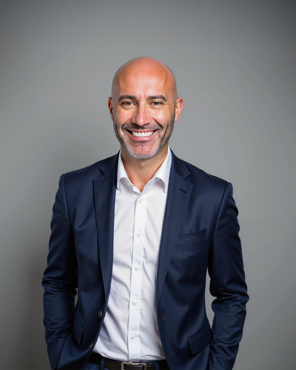 Dr. Jason Walker, Psy.D., a bald man in a navy suit and white shirt, stands smiling against a plain gray background with his hands in his pockets.