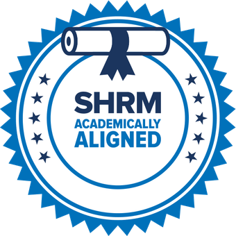 Blue circular badge with a diploma icon at the top and the text “SHRM Academically Aligned” in the center—ideal for MA or Industrial Organizational Psychology programs—surrounded by stars.