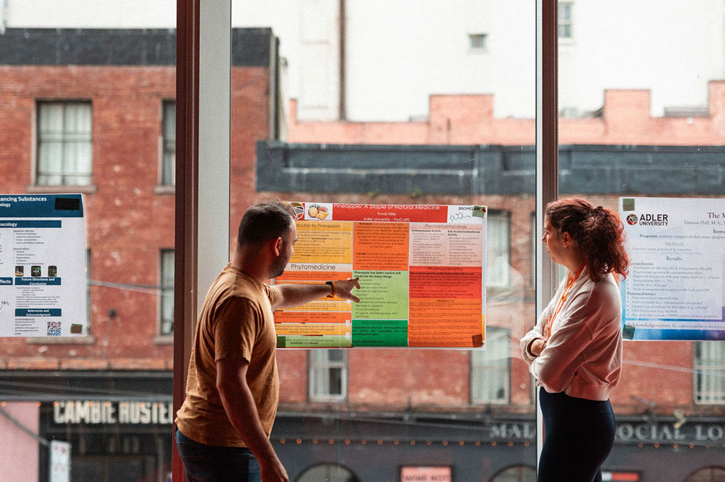 A man and a woman stand indoors by large windows on the Online Campus, looking at colorful research posters taped to the glass, with brick buildings visible outside.