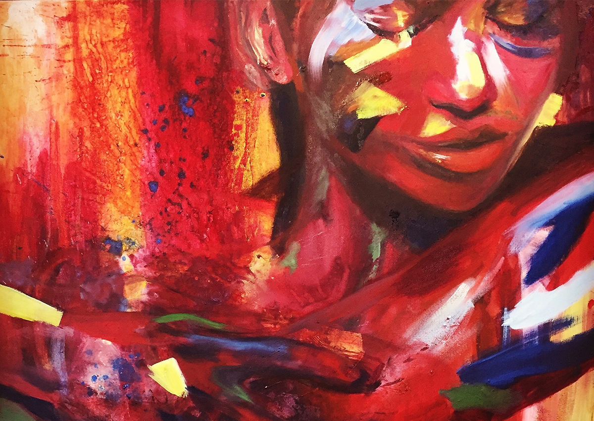 Abstract painting of a person with eyes closed, featuring bold red, yellow, and blue brushstrokes across the face and body, explores how expressive artwork can become a powerful tool for art therapy and violence prevention.