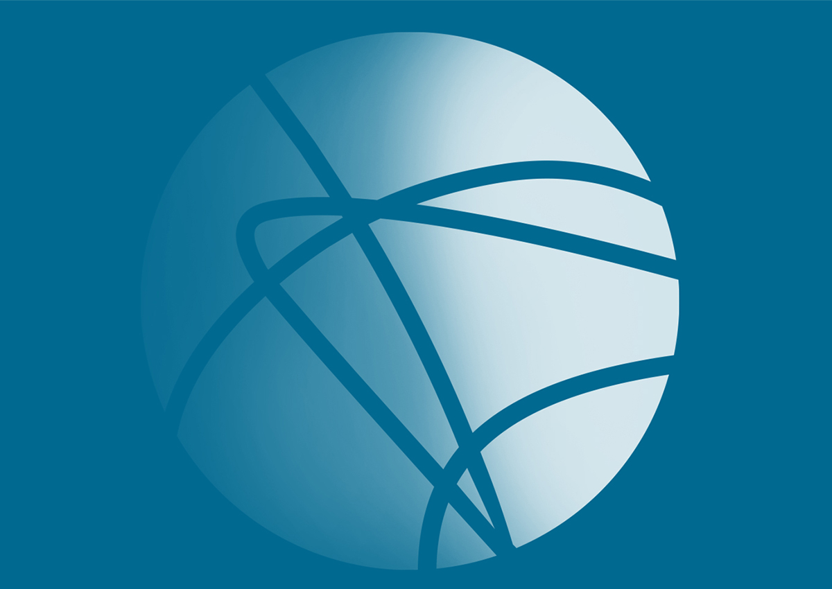 A blue sphere with intersecting curved lines on a solid blue background, symbolizing connection and unity within a community.