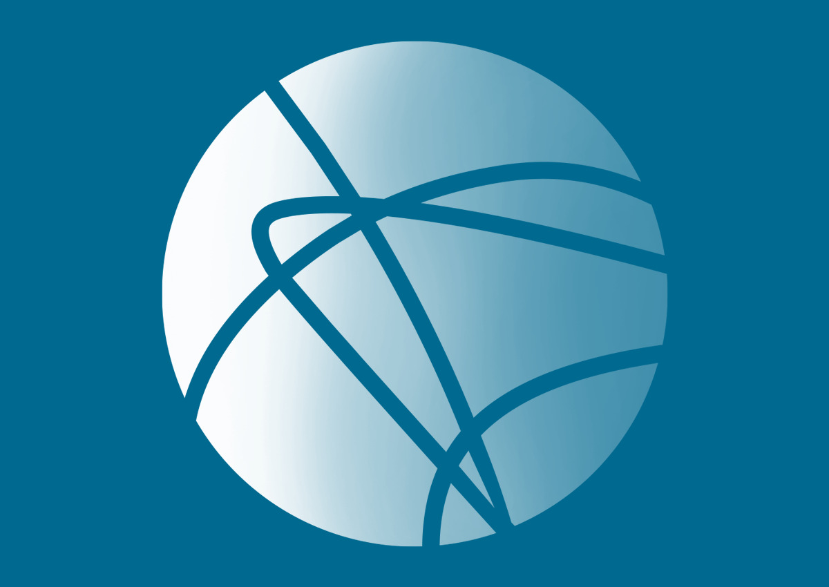 A round blue and white abstract logo featuring intersecting curved lines on a solid blue background.