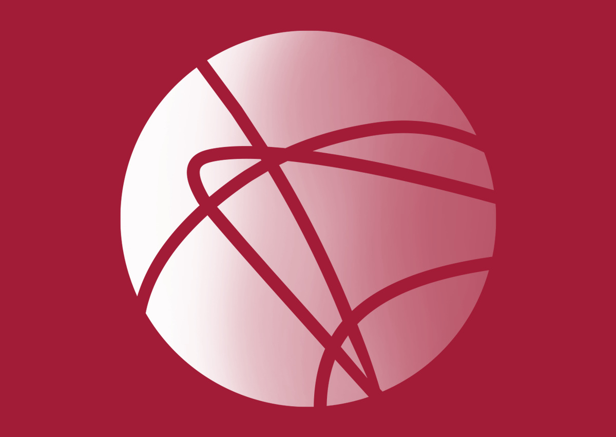 A stylized, maroon and white basketball graphic on a solid maroon background with intersecting curved lines.
