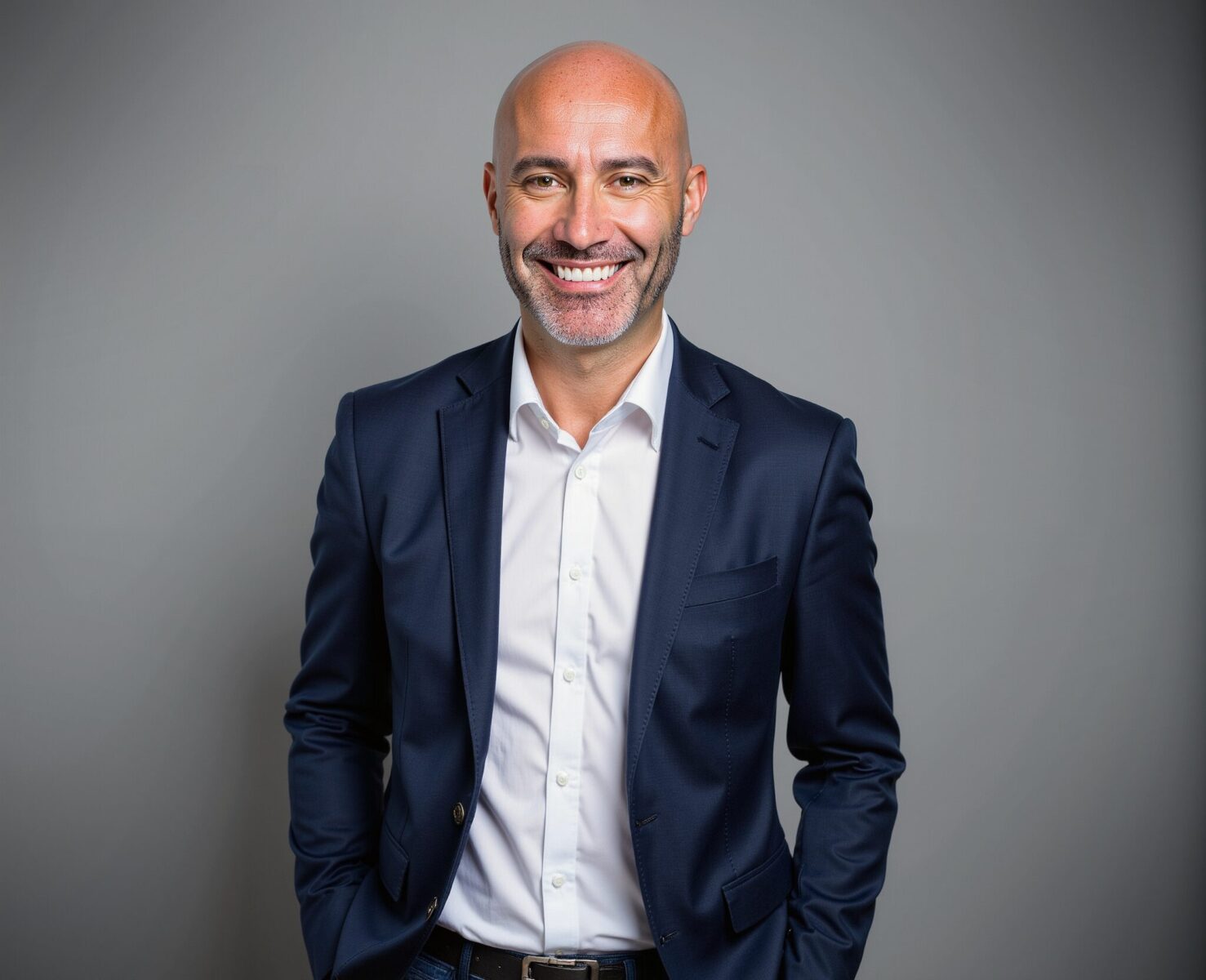 A bald man with a trimmed beard wearing a navy suit and white shirt stands smiling with his hands in his pockets against a plain gray background.