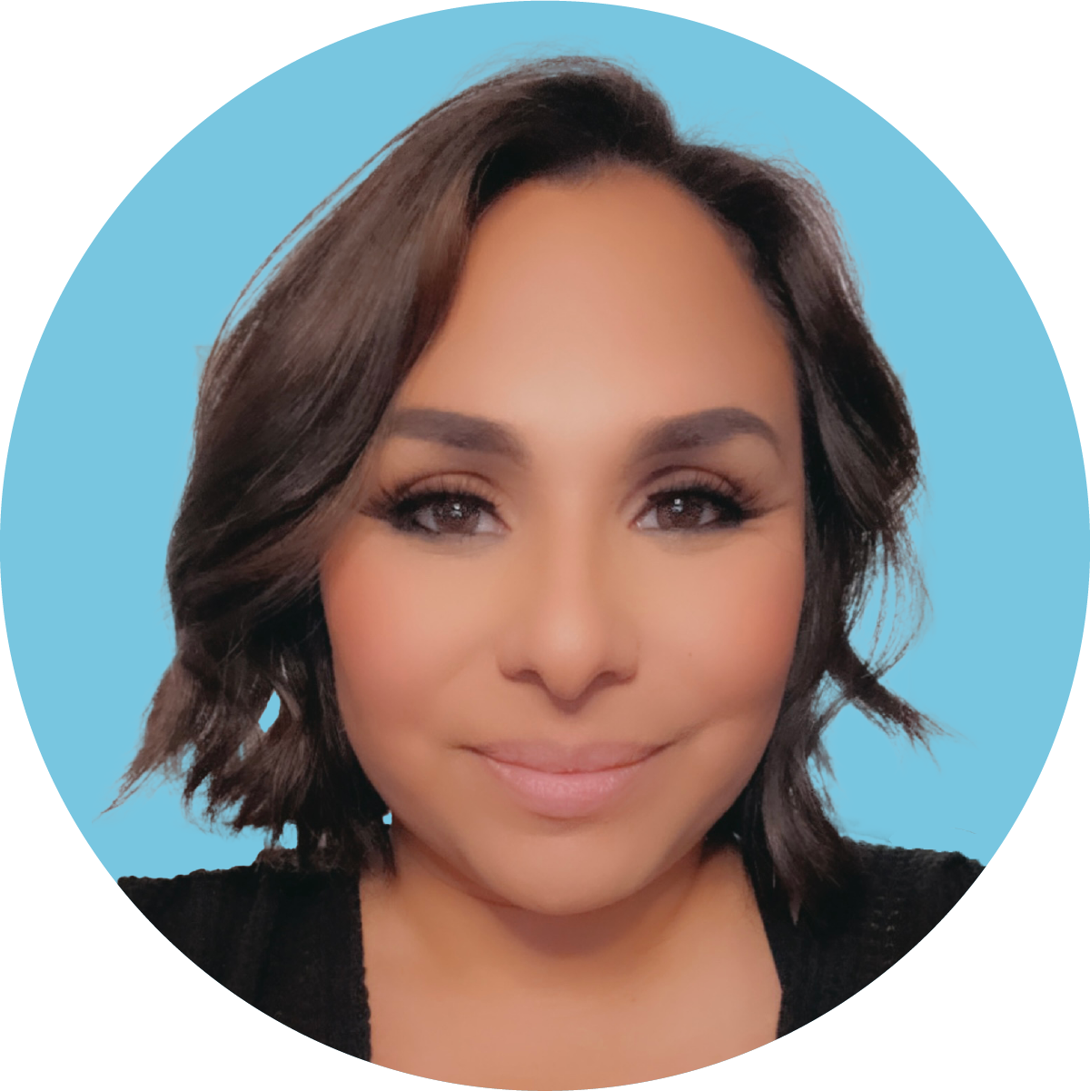 Cutout of woman's headshot over light blue circle