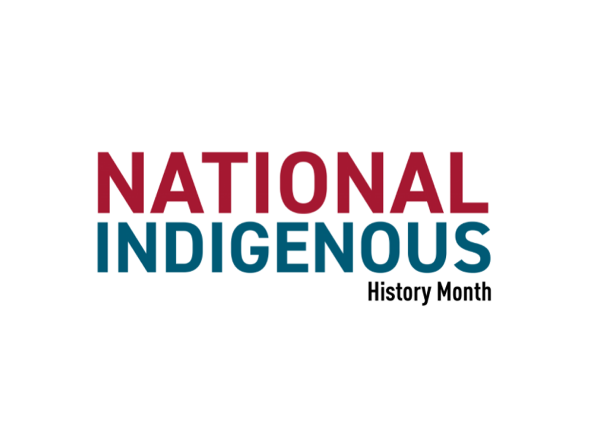 The image displays the words "NATIONAL INDIGENOUS History Month" in bold red and blue lettering on a white background, honoring First Nations, Métis Peoples, and Inuit communities.