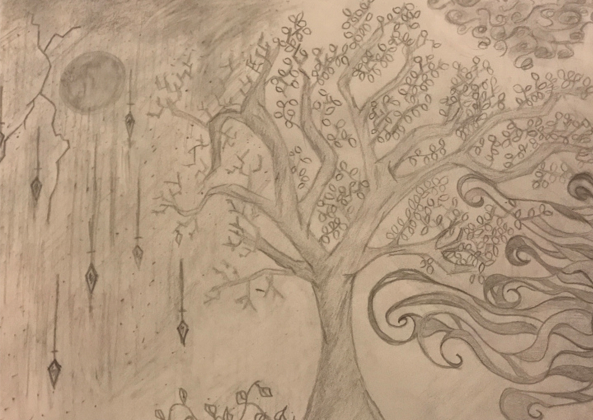 Pencil drawing of a tree with swirling branches and leaves, a moon in the cloudy sky, and diamond shapes falling like rain on the left side—inviting transformative conversations about identity beneath its canopy.