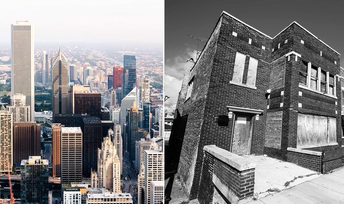 Side-by-side images show a modern city skyline with tall skyscrapers on the left and an abandoned, boarded-up brick building on the right, capturing the stark contrasts found in many Chicago neighborhoods highlighted by the War on Neighborhoods.