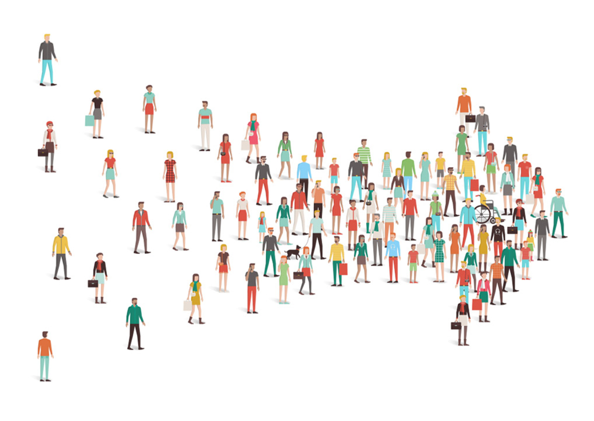 Illustration of a large group of diverse people standing together in the shape of a right-pointing arrow, symbolizing progress toward social justice, with a few individuals scattered to the left.
