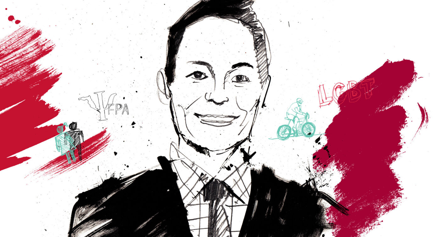 Black and white sketch of a person in a suit, with red paint strokes, small illustrations of a cyclist, group of people, and the words "LGBT," "YPA" in the background—highlighting social responsibility and aiming to inspire clinicians.