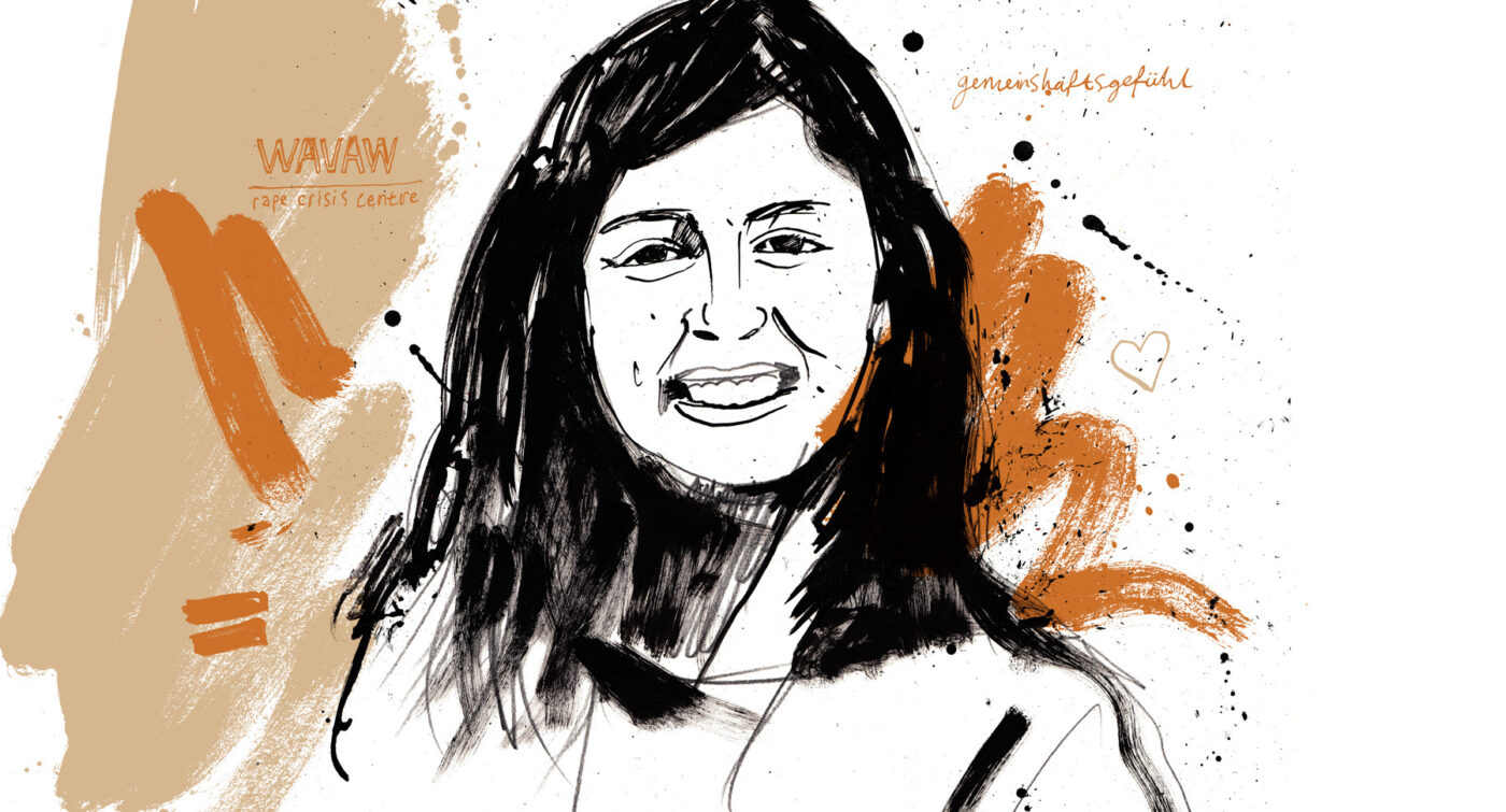 A black and white sketch of a smiling woman with long hair, surrounded by abstract brown and orange brush strokes and handwritten text, embodying the spirit of confident practitioners inspired by Adler.