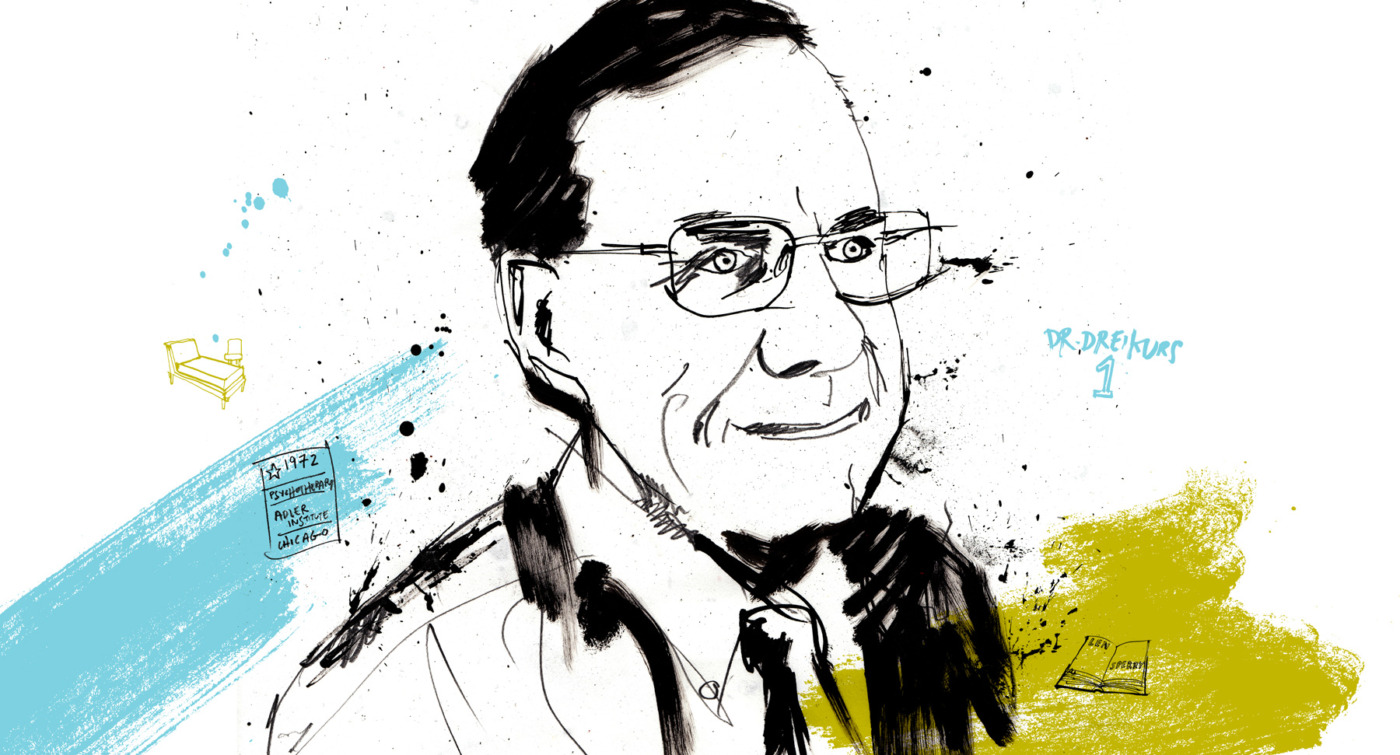 Illustrated portrait of a man with glasses, wearing a suit and tie, with abstract blue and yellow splashes, small icons of a chair, journal, and computer—an artistic nod to Dreikurs’ legacy as the Last Student.