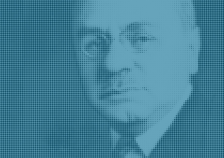 A halftone-style blue-tinted image of Alfred Adler’s face, partially visible, with most facial features blurred or indistinct due to the dot pattern effect.