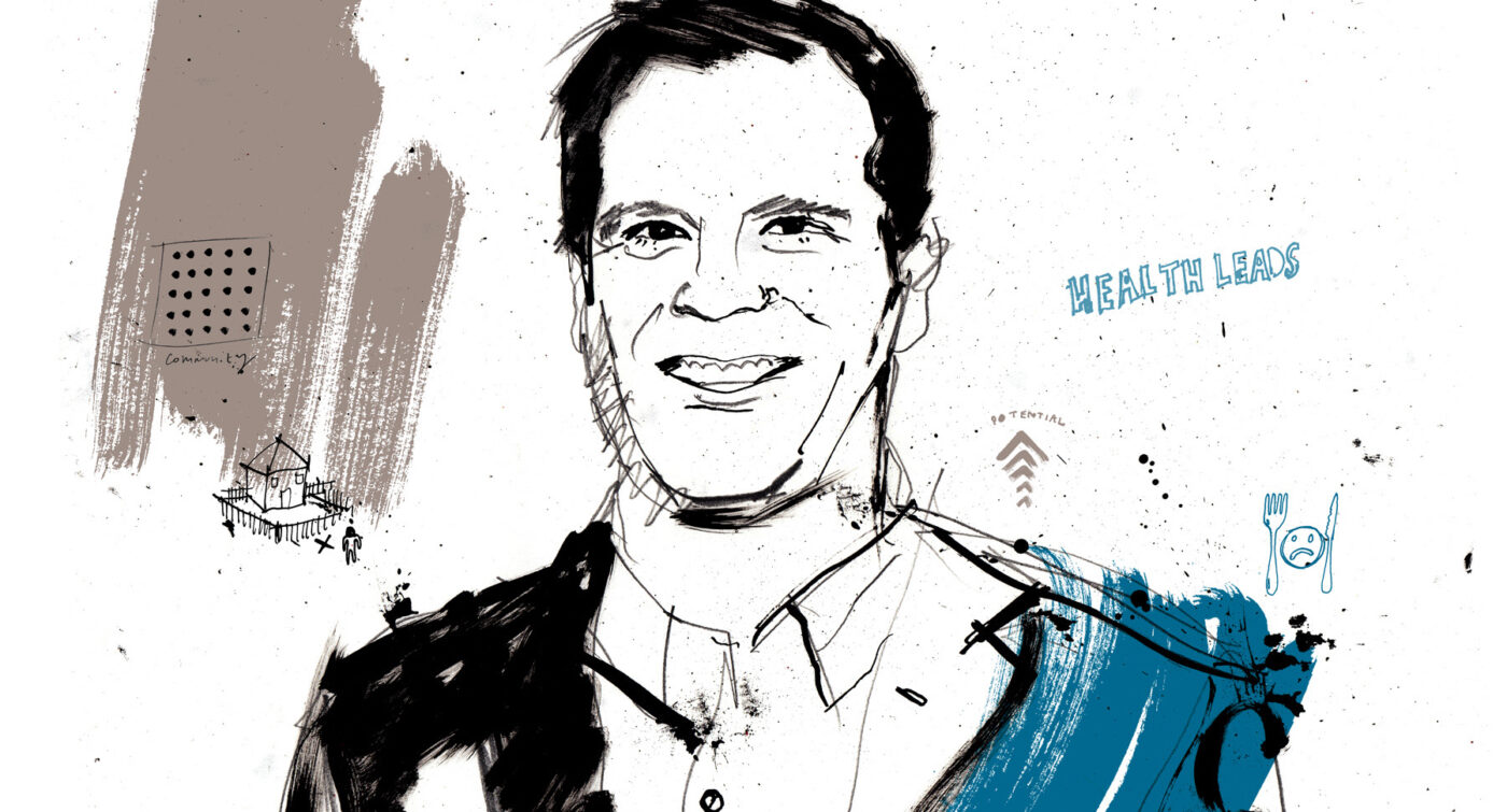 A sketch-style portrait of a smiling man with abstract elements, text reading "HEALTH LEADS," and various drawn icons in the background, reflecting what community means through vibrant connections.