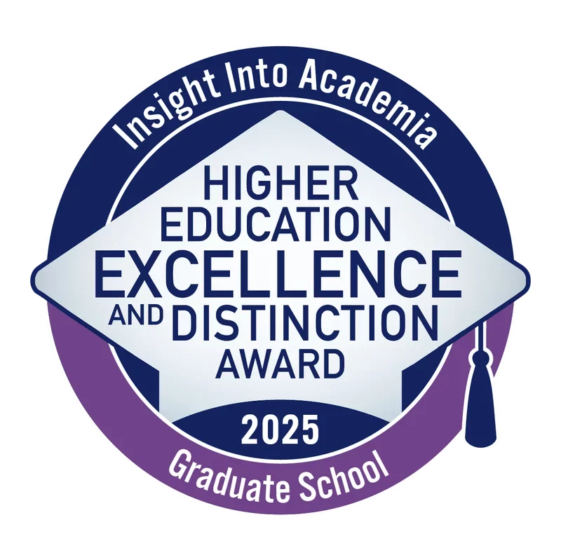 A circular badge reads "Insight Into Academia Higher Education Excellence and Distinction Award 2025 Graduate School" with a graduation cap graphic, celebrating Adler University's commitment to higher education.