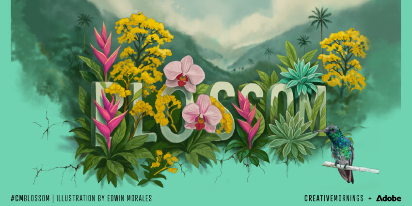Illustration of tropical flowers and plants surrounding the word “BLOSSOM,” with misty mountains in the background and a hummingbird perched on a branch, inspired by the vibrant spirit of the Liberated Arts Movement.