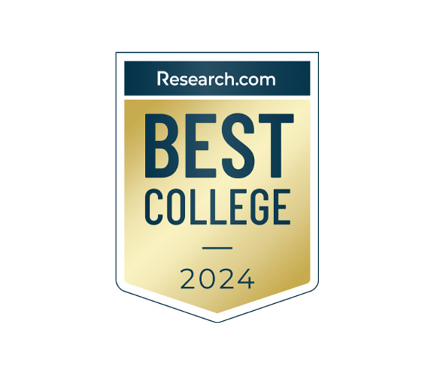 A gold and white badge displaying "Research.com Best College 2024," highlighting the institution's accreditations, on a white background.