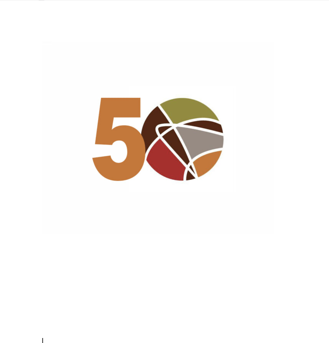 The number “50” with the zero as a circle filled with abstract interconnected shapes in orange, green, brown, and red on a white background.