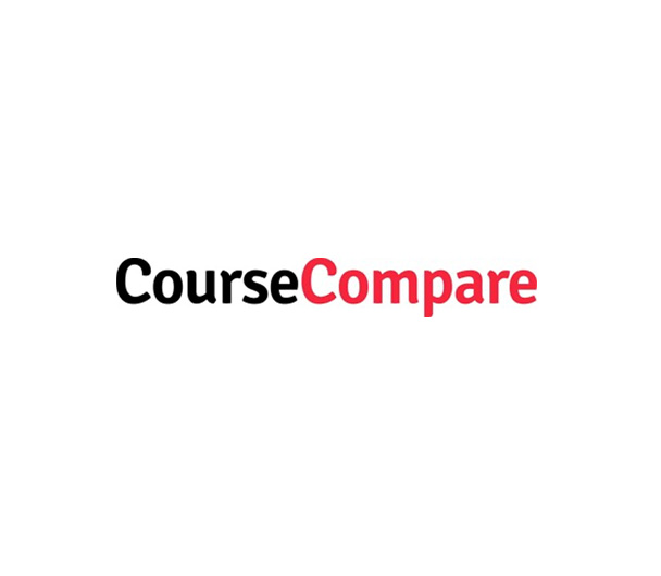 The image shows the words "CourseCompare" in a bold, sans-serif font; "Course" is in black and "Compare" is in red, on a white background, highlighting a platform known for trusted course reviews and accreditations.
