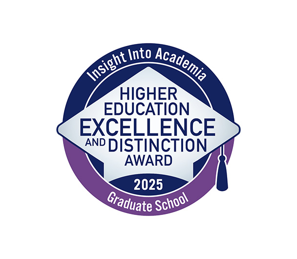 A circular badge labeled "Higher Education Excellence and Distinction Award 2025," featuring "Insight Into Academia," "Graduate School," and highlighting renowned accreditations around the edge.