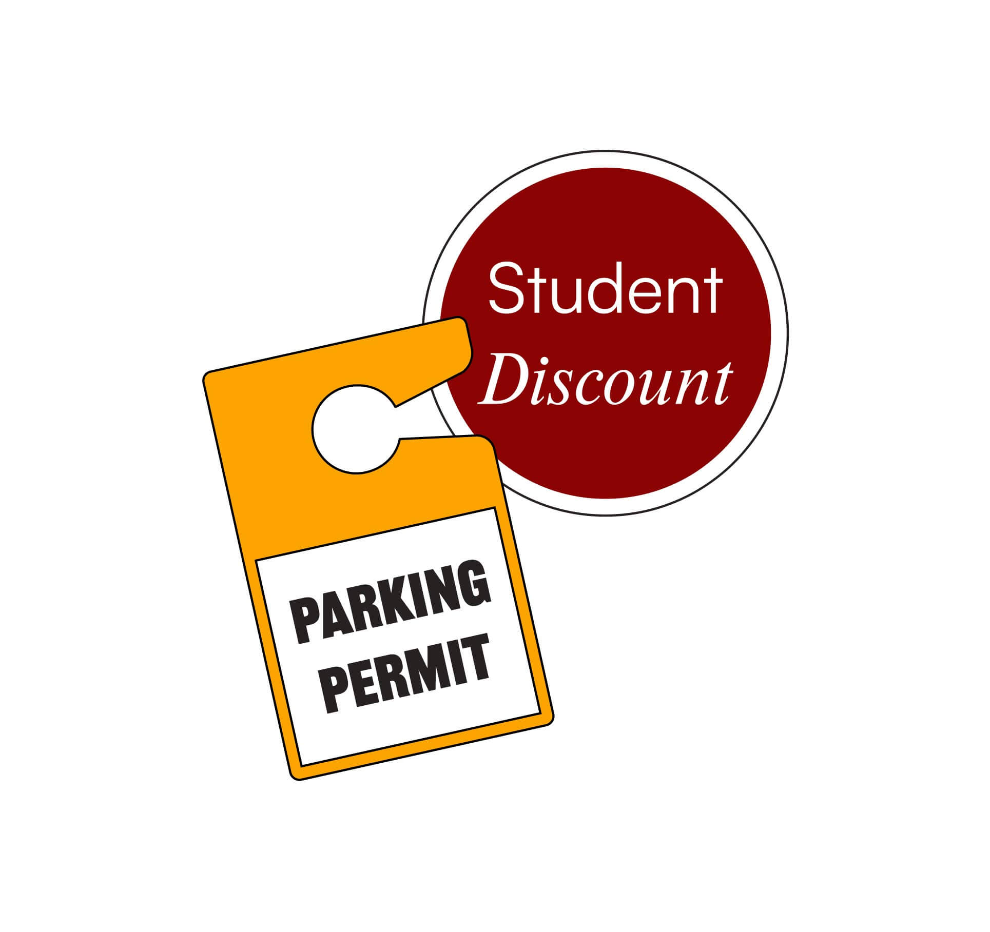 Yellow parking permit hanger with "PARKING PERMIT" text next to a red circle labeled "Student Discount"—ideal for those relocating to Chicago or planning a Chicago relocation, on a clean white background.