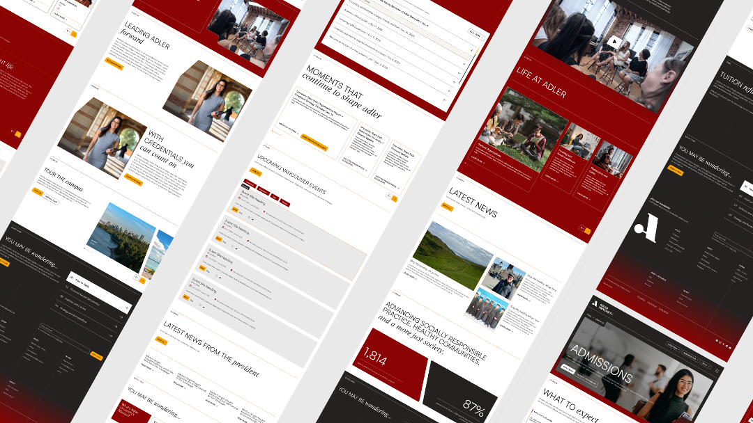 Five angled website mockups display academic-related content, news, admissions information, and photos of students for Adler University in a striking red, white, and black color scheme—an AVA Digital Awards platinum winner.