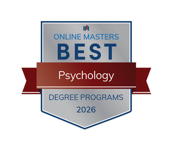 A silver and blue badge reads "Online Masters Best Psychology Degree Programs 2026" with a red ribbon across the center, highlighting top programs recognized for their accreditations.