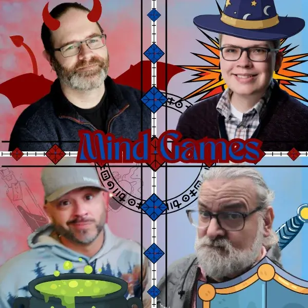 Four men appear in a grid labeled "Mind Games," each with added fantasy elements: devil horns, wizard hat, a bubbling cauldron, and a sword—hinting at how therapeutic gaming can be used to support mental health.
