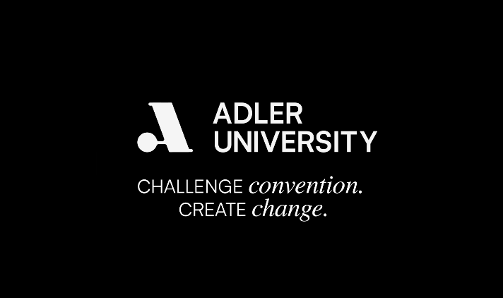 Adler University logo with the text "Challenge convention. Create change." on a black background.
