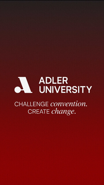 Adler University logo with the text "Challenge convention. Create change." on a red gradient background.