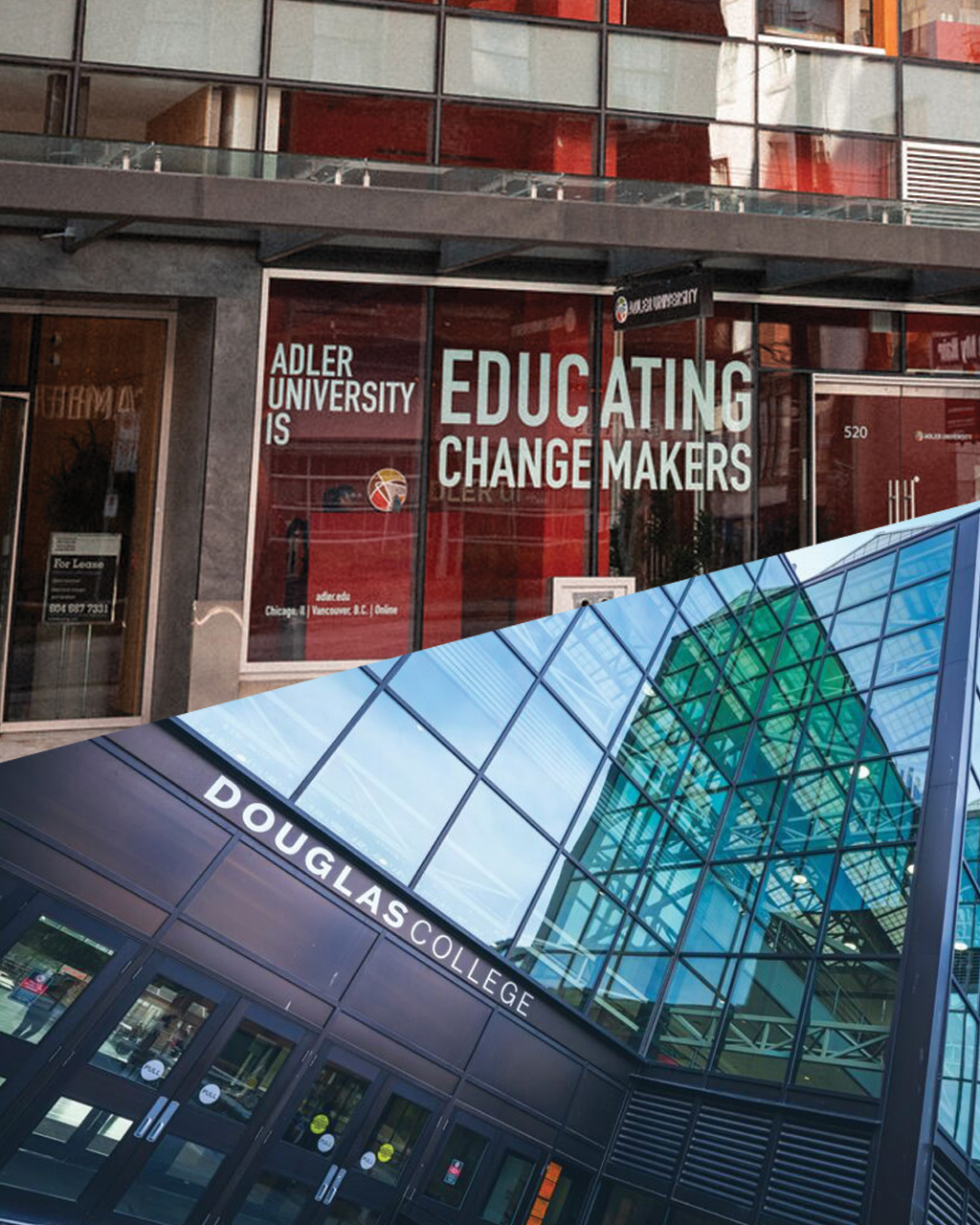 L'entrée de l'université Adler, avec son panneau « Educating Change Makers », et le bâtiment du Douglas College, avec sa façade vitrée et son entrée principale.